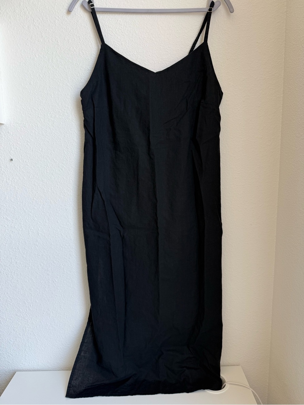 Black Basic Linen Blend Simple V Neck Slip Dress with Adjustable Spaghetti Strap